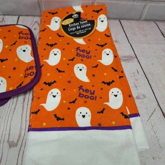 Halloween Ghost Kitchen 4pc Set - Towel, Pot Holders, Oven Mitt Orange Hey Boo - Picture 4 of 4